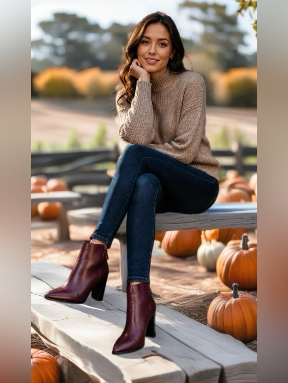 PAIGE Wine Burgundy Leather Ankle Booties with Stacked Heel